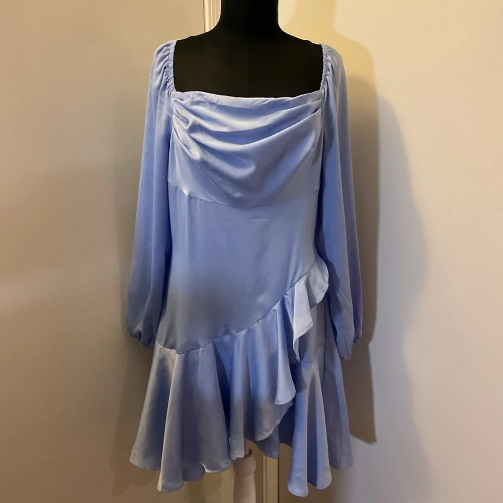 SHEIN Baby Blue Asymmetrical Balloon Sleeve Dress L Large Ruffle Square Neck - Picture 2 of 10